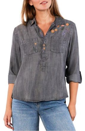 BILLY T Floral & Flawless Embroidered Denim Shirt in Smoked Pearl at Nordstrom, Size X-Large