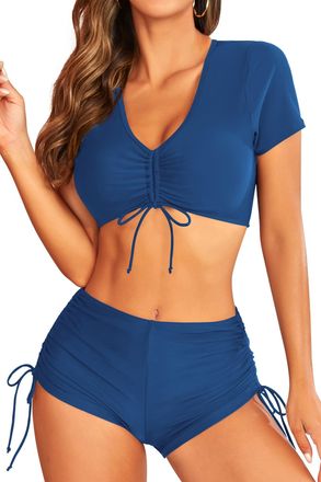 SHEKINI Womens High Waisted Bikini Set V Neck Short Sleeve Padded Drawstring Two Piece Bathing Suit Swimsuit