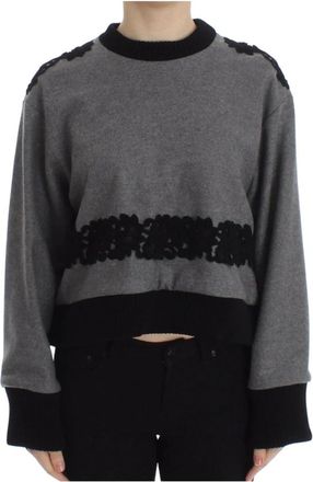 Dolce & Gabbana Grijze Kasjmier Kant Trui - Dames - Ronde hals truien - Grijs - L - Kasjmier - Truien & Vesten