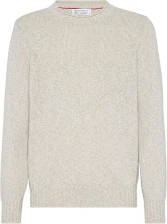 Brunello Cucinelli Grijze Gebreide Trui Melange Ontwerp - Heren - Ronde hals truien - Grijs - 2XL - Wol - Truien & Vesten