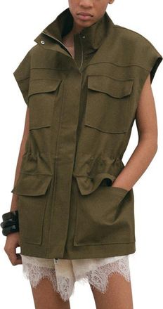 Mango High Neck Pocket Cotton Vest in Khaki at Nordstrom, Size X-Small