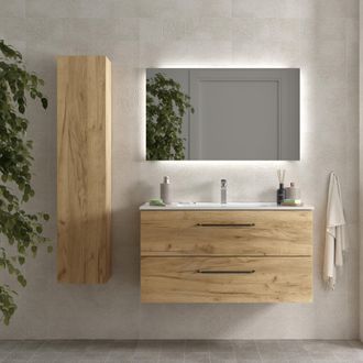 Cygnus Bath Salgar - Mueble De Ba&ntilde;o Morai 100 Cm Roble Con Tirador Negro Con Lavabo