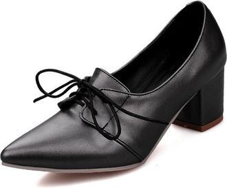 Generic MiaZane Womens Pointed Toe Lace-Up Mid Chunky Block Heel Oxford Pumps for Office & Business Meeting PU Soft Lining Elegant Design,Black,4.5 UK