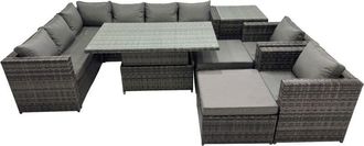 Fimous Fimous 10-seater Height Adjustable Rising Lifting Table Corner Sofa Set Rattan Garden Furniture Dining Set with 2 Big Stools Side Table Dark Grey