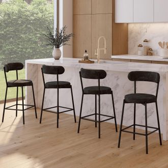 IDMarket Lote De 4 Taburetes De Bar Miki Con Respaldo Curvo De Tejido De Chenilla Negro Y Patas De Metal Negro