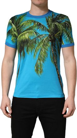 Dolce & Gabbana Mens Blue Palm Tree Print Cotton Crewneck T-Shirt