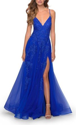 La Femme Tulle Prom Dress with Floral Detail and Side Slit in Royal Blue at Nordstrom, Size 16