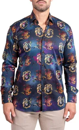 Maceoo Fibonacci Ascension 0234 Lion Print Contemporary Fit Button-Up Shirt in Black at Nordstrom, Size 8