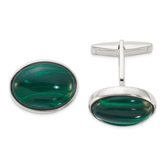 Diamond2Deal Sterling Silver Polished Malachite Oval Cuff Links
