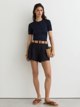 Reiss Navy Jacquard Belted Shorts With Linen, 12