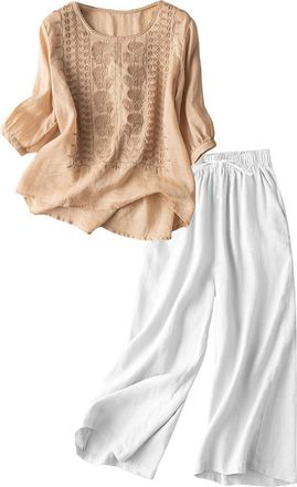Generic 2 Piece Outfits for Women Cotton Linen Embroidered Retro Casual Matching Set 3/4 Sleeve Tops and Wide Leg Capri Pants Sets Summer Autumn Going Out Vac
