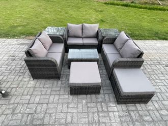 Fimous Wicker PE Rattan Garden Furniture Set 8 Seater Outdoor Lounge Sofa Set with Love Sofa Coffee Table 2 Side Tables 2 Big Footstool in Dark Grey