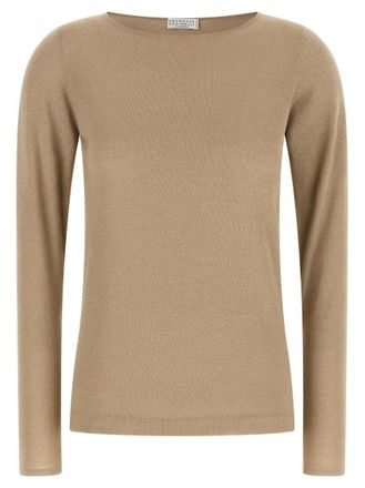 Brunello Cucinelli Beige Solid Boat Neck Sweater