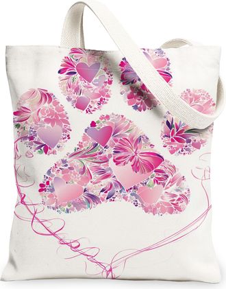 Generic Floral Paw Print Canvas Tote Bags, Stylish Heart Pattern Reusable Grocery Bags, Summer Lightweight Washable Shoulder Strap, White, 13x15 Inch