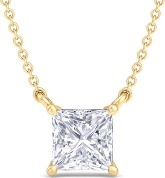 SuperJeweler Princess Cut Lab Grown Diamond Pendant Necklace in 14K White or Yellow Gold - 1/4 to 7 Carat Total Weight - Classic Solitaire Setting for Women