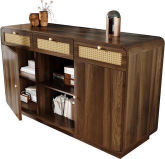 STILVORA Aparador Con 3 Cajones, 2 Armarios Y Estante Abierto, Estilo Retro, En Mdf Y Tablero De Part&iacute;culas, 120&times;40&times;85 Cm, Nogal
