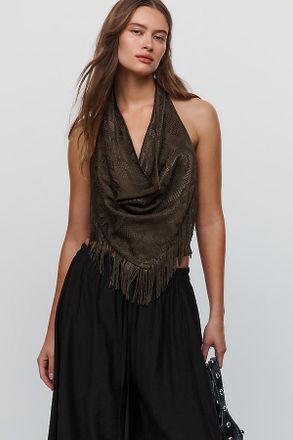 Maeve Satin Cowl Neck Fringed Halter Top