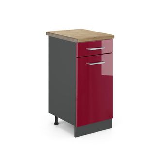 Vicco Mueble Bajo De Cocina R-line, Rojo Burdeos Alto Brillo, 40 Cm, Et Roble