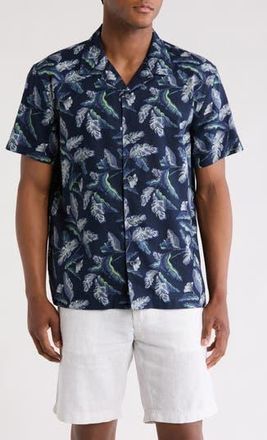 14th & Union Linen & Cotton Blend Short Sleeve Button-Up Camp Shirt in Navy Lucky Palms at Nordstrom Rack, Size X-Large