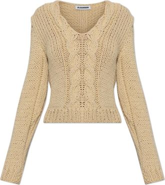 Jil Sander Wollen Trui met Decoratief Breisel - Dames - V-hals truien - Geel - M - Wol - Truien & Vesten