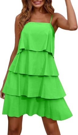 Generic Women Summer Mini Dress Ruffle Tiered Layered Flowy Swing Mini Dress Spaghetti Strap Sleeveless Boho Beach Party Dress Holiday Sundress,Green,XL,U189A