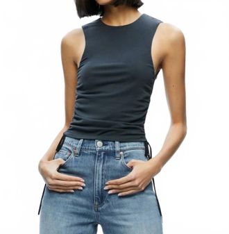 Alice & Olivia Chrissy Crewneck Ruched Crop Top In Black