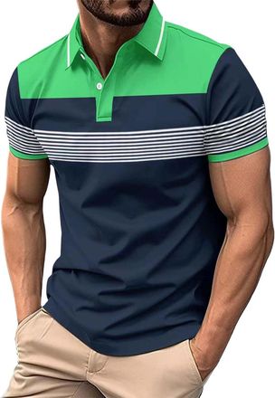 Generic Mens Polo Shirt Short Sleeve Casual Summer Color Matching Striped T Shirt with Chest Pocket and Half - Zip Regular Fit Breathable Golf Business Top (0