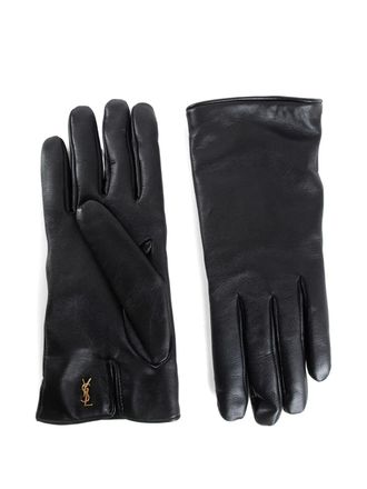 Saint Laurent logo-plaque leather gloves - women - Calf Leather - 7.5 - Black