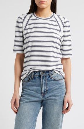 Wit & Wisdom Puff Sleeve Stripe Rib Top in Off White/Navy at Nordstrom Rack, Size Large