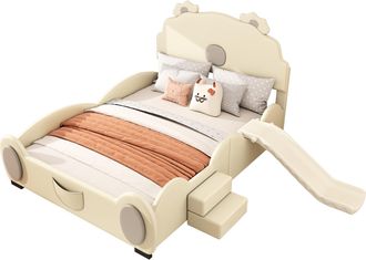 STILVORA Cama Infantil 140 X 200 Cm De Pu Y Mdf Con Led Ajustable, Peque&ntilde;os Pelda&ntilde;os Y Tobog&aacute;n, Sin Colch&oacute;n, Beige