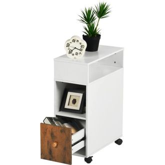 Furniture R FurnitureR Mobile End Table with Storage Drawer, 2 Shelves, Narrow Slim Design, 50 x 25 x 68 cm, White and Rustic Brown