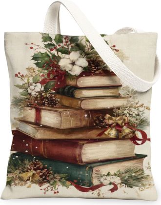 Generic Christmas Books Canvas Tote Bags, Holiday Floral Design Reusable Shopping Bags, Festive Lightweight Washable Shoulder Strap, Beige, 13x15 Inch