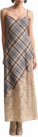 Avec Les Filles Lace Trim Bias Cut Maxi Dress in Lt Brown Plaid at Nordstrom, Size 12