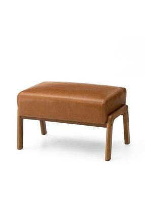 Glitzhome Mid-century Modern Faux Leather Accent Stool with Walnut Rubberwood Legs in Yellow at Nordstrom, Size Medium