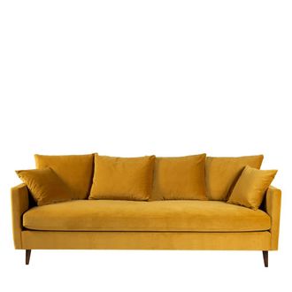 DRAWER Sof&aacute; cama 4 plazas terciopelo patas madera oscura - Amarillo mostaza