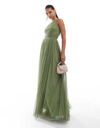 Lace & Beads Bridesmaid one shoulder tulle maxi dress in soft olive-Green