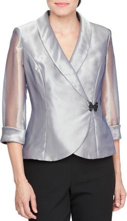 Alex Evenings Sheer Sleeve Organza Wrap Top in Steel at Nordstrom, Size Medium