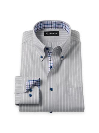 Paul Fredrick Slim Fit Traveler Cotton Blend Stripe Dress Shirt With Contrast Trim