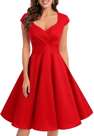 Bbonlinedress Womens 50s 60s A Line Rockabilly Dress Cap Sleeve Vintage Swing Party Dress Red 2XL