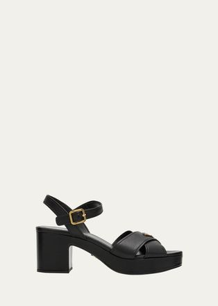 Prada 65mm Triangle Logo Crisscross Leather Platform Sandals