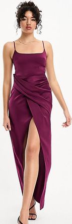 Asos Tall ASOS DESIGN Tall - Vestito midi in raso color prugna con gonna drappeggiata e spalline sottili-Viola