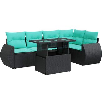 vidaXL 6 Piece Garden Sofa Set with Cushions Black Poly Rattan Acacia vidaXL