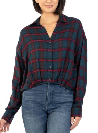 Kut from the Kloth Tessa Crop Long Sleeve Button Down Top In Navy/wine