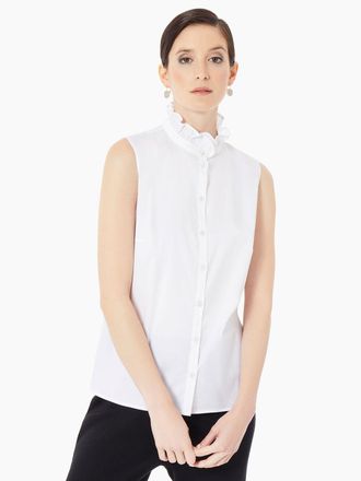 Misook Ruffle Neck Stretch Cotton Blouse