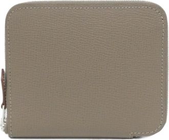 Herm&egrave;s Silkin Cassis Etoupe Gray Vert Epsom Leather Silk Coin Purse/Coin Case (Pre-Owned)