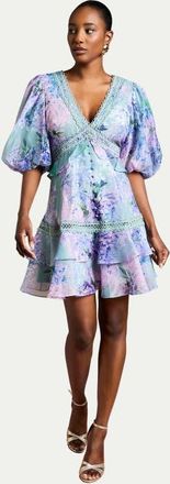 Coast Lace Trim Puff Sleeve Organza Mini Dress in Sage at Nordstrom, Size 10