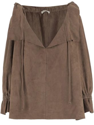 By Malene Birger Ruffled V-Neck Suede Blouse With Drawstring Closure