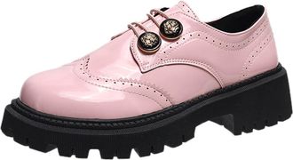 Generic Pink Womens Stylish Warm Four-Season Loafers with Round Toe Design and Metal Buckle Shallow Flat Thick Heel for Leisure Adventures