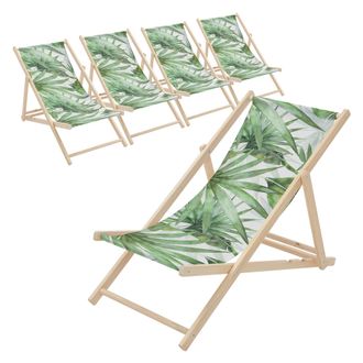 ECD Germany Ecd Germany 5x Sillas De Playa De Madera Con Dise&ntilde;o Palmera Verde-blanca Tumbona Plegable Con Respaldo Ajustable En 3 Posiciones De Reclinaci&oacute;n Asient