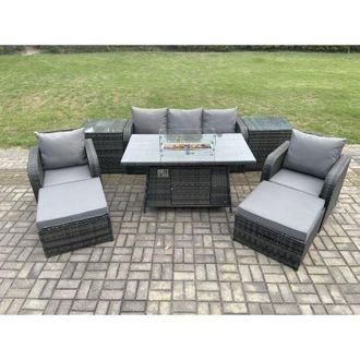 Fimous Wicker Rattan Garden Furniture Sofa Set Gas Fire Pit Dining Table Indoor Outdoor with 2 Side Table Chair 2 Big Footstool - Fimous